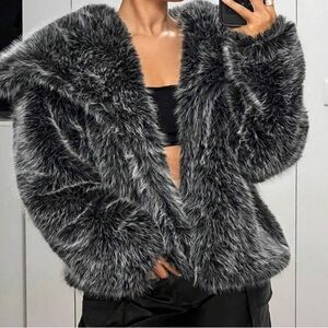 Women's Faux Fur Jacket - Black Grey White